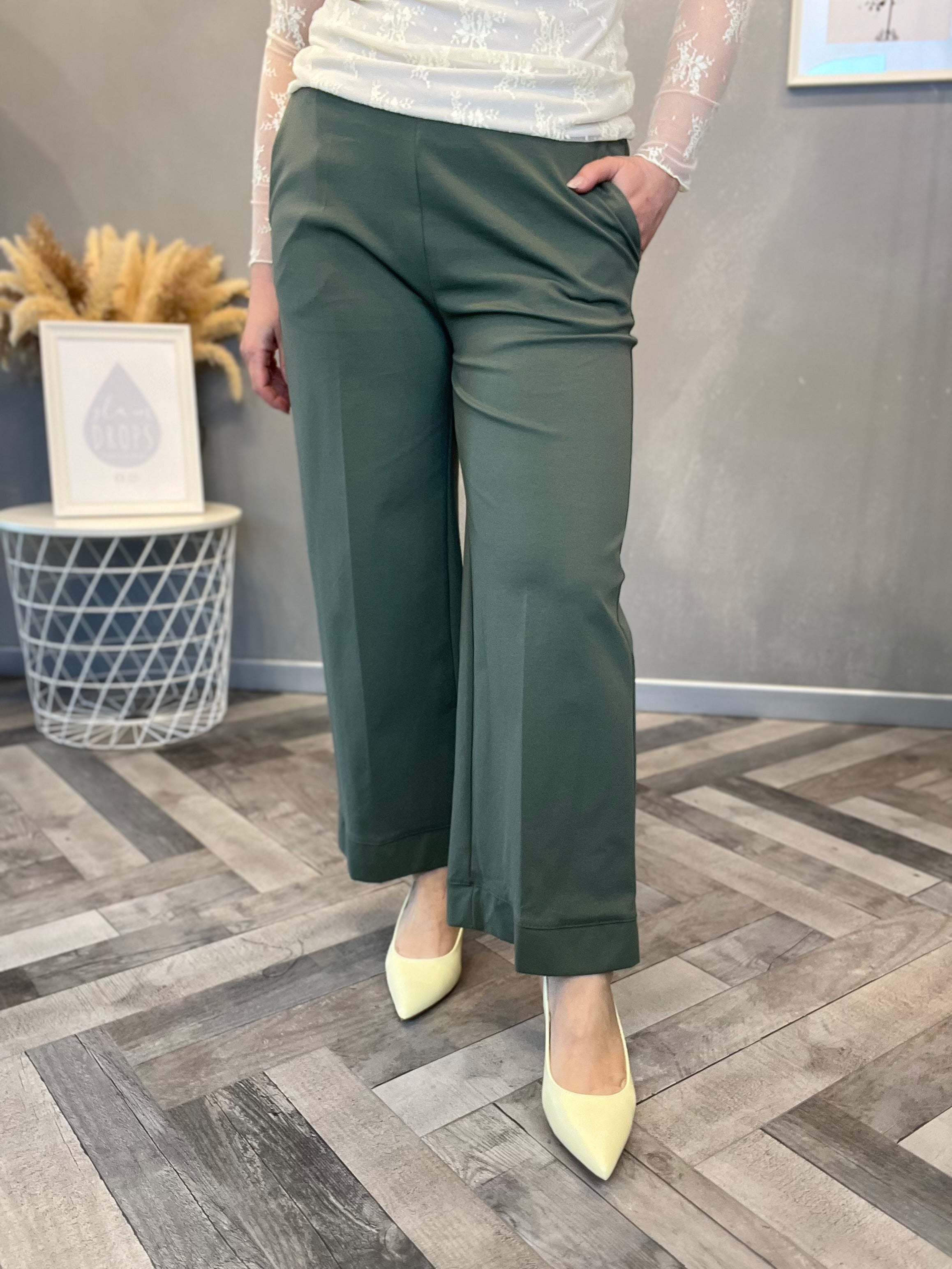 Pantalone wide leg punto Milano verde militare