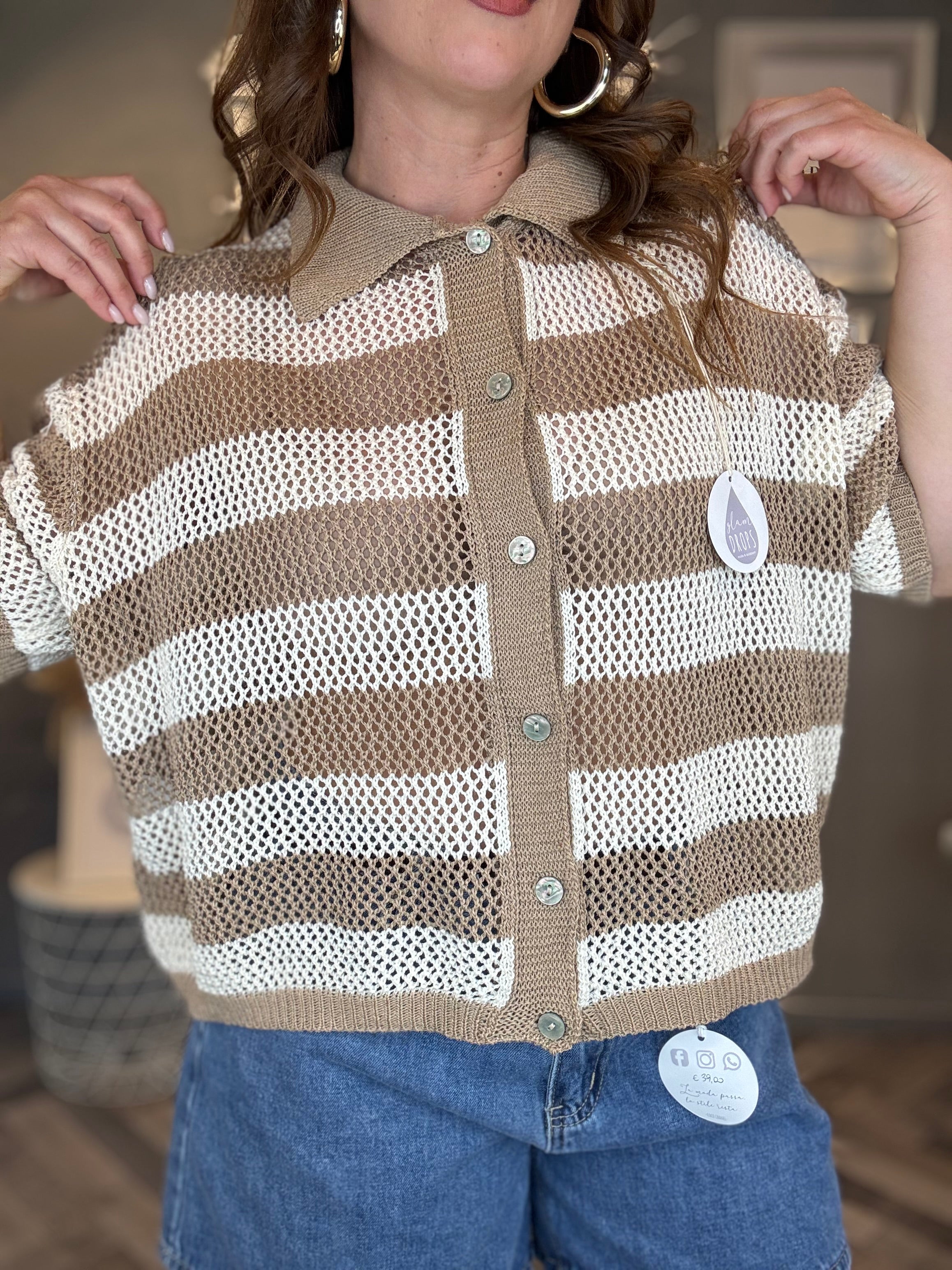 Polo traforata righe beige