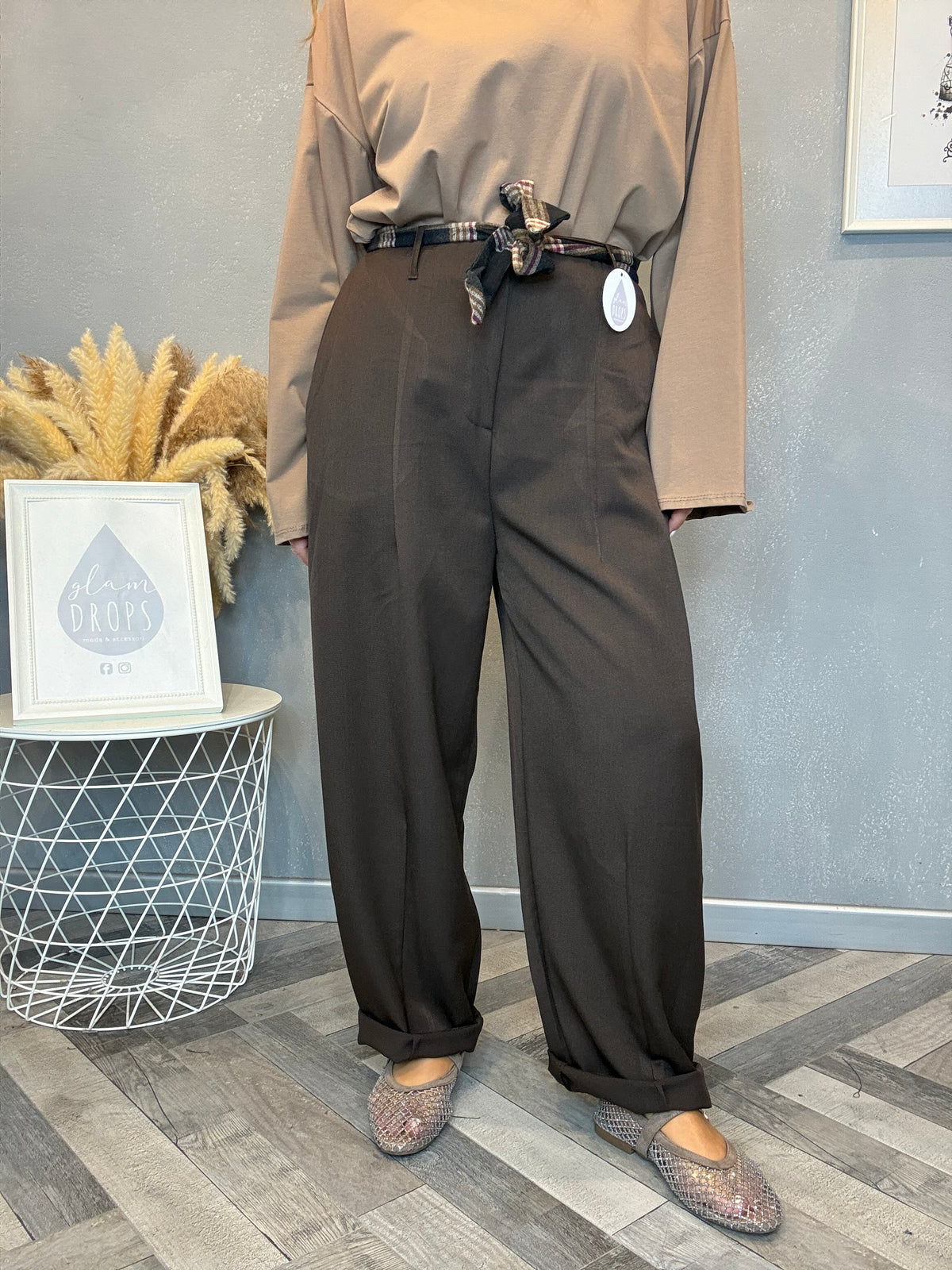 Pantalone check detail cioccolato