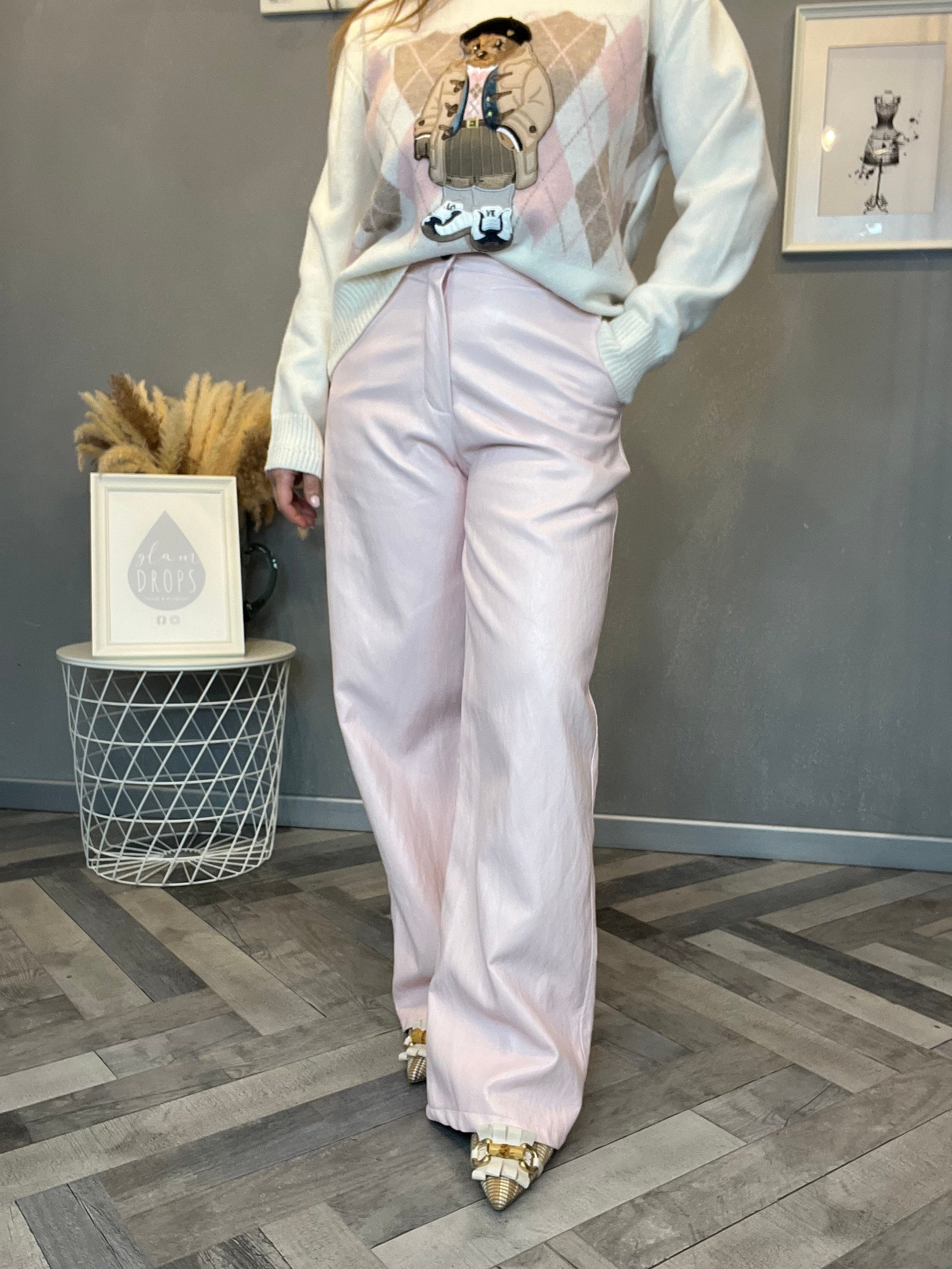 Pantalone ecopelle rosa pastello