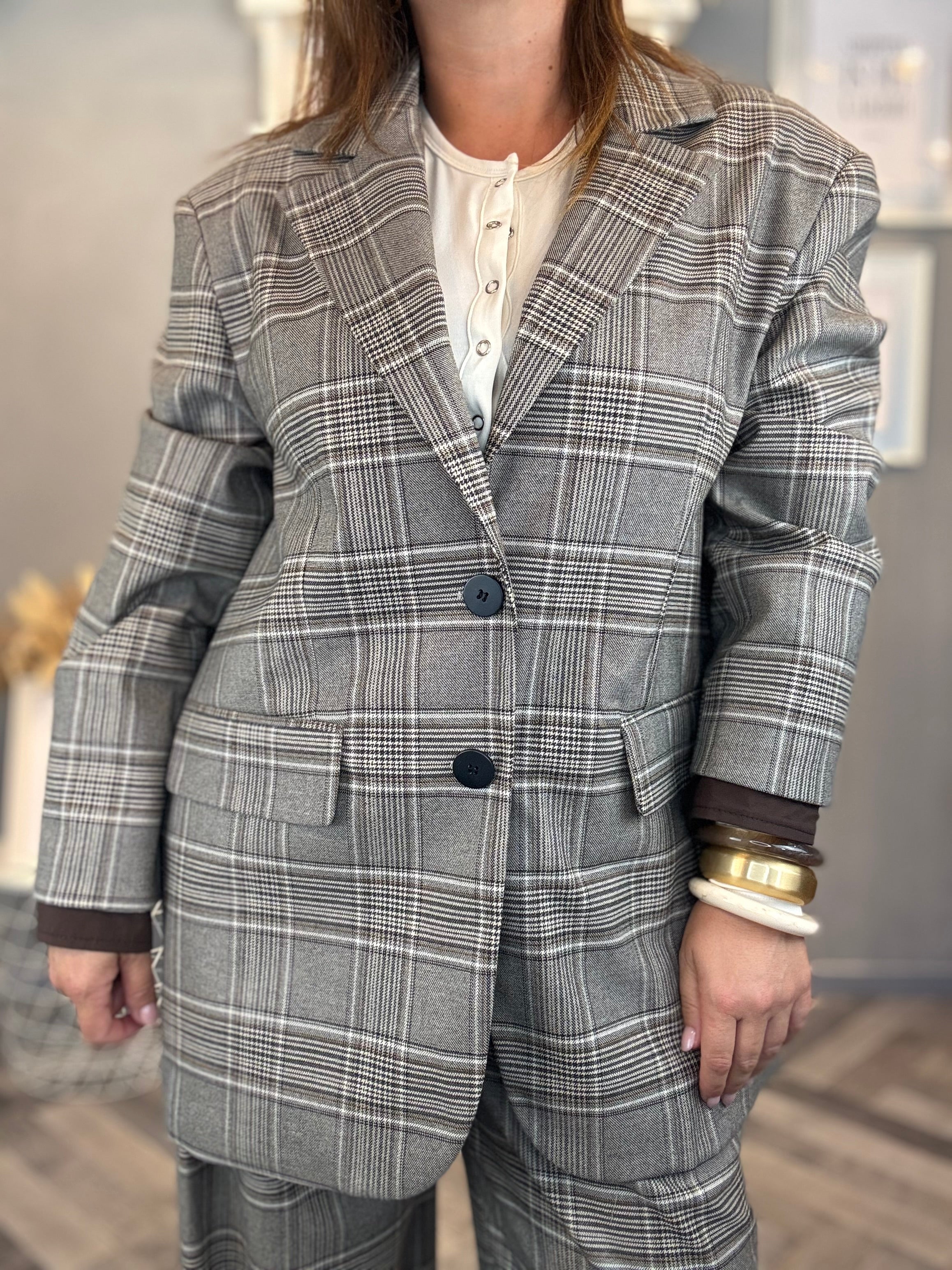 Lumina blazer fango a quadri con polsino camicia