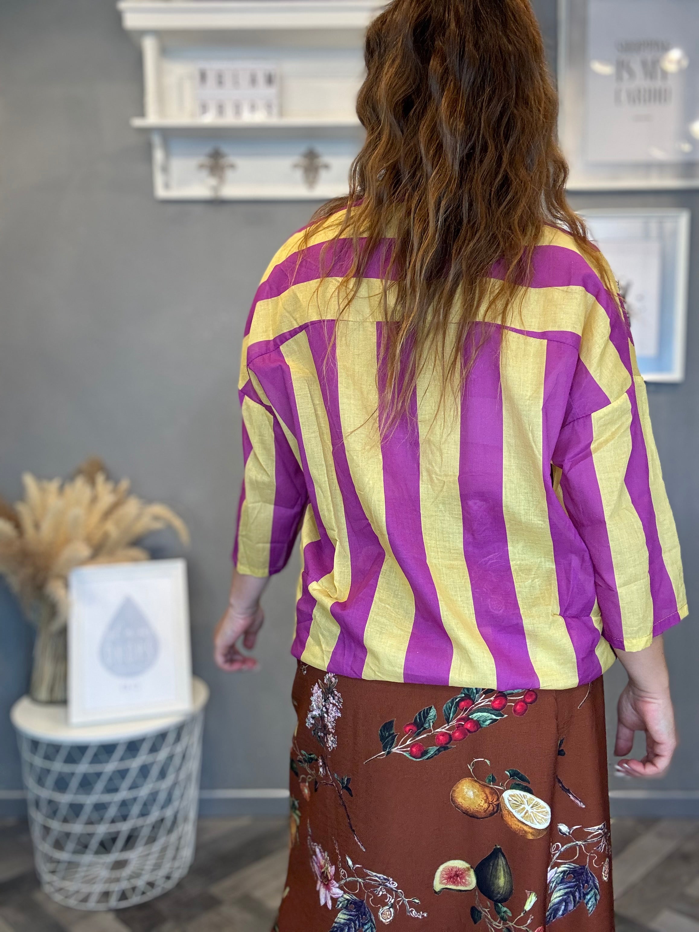 Camicia Isla Bonita coreana bande ciclamino e lime