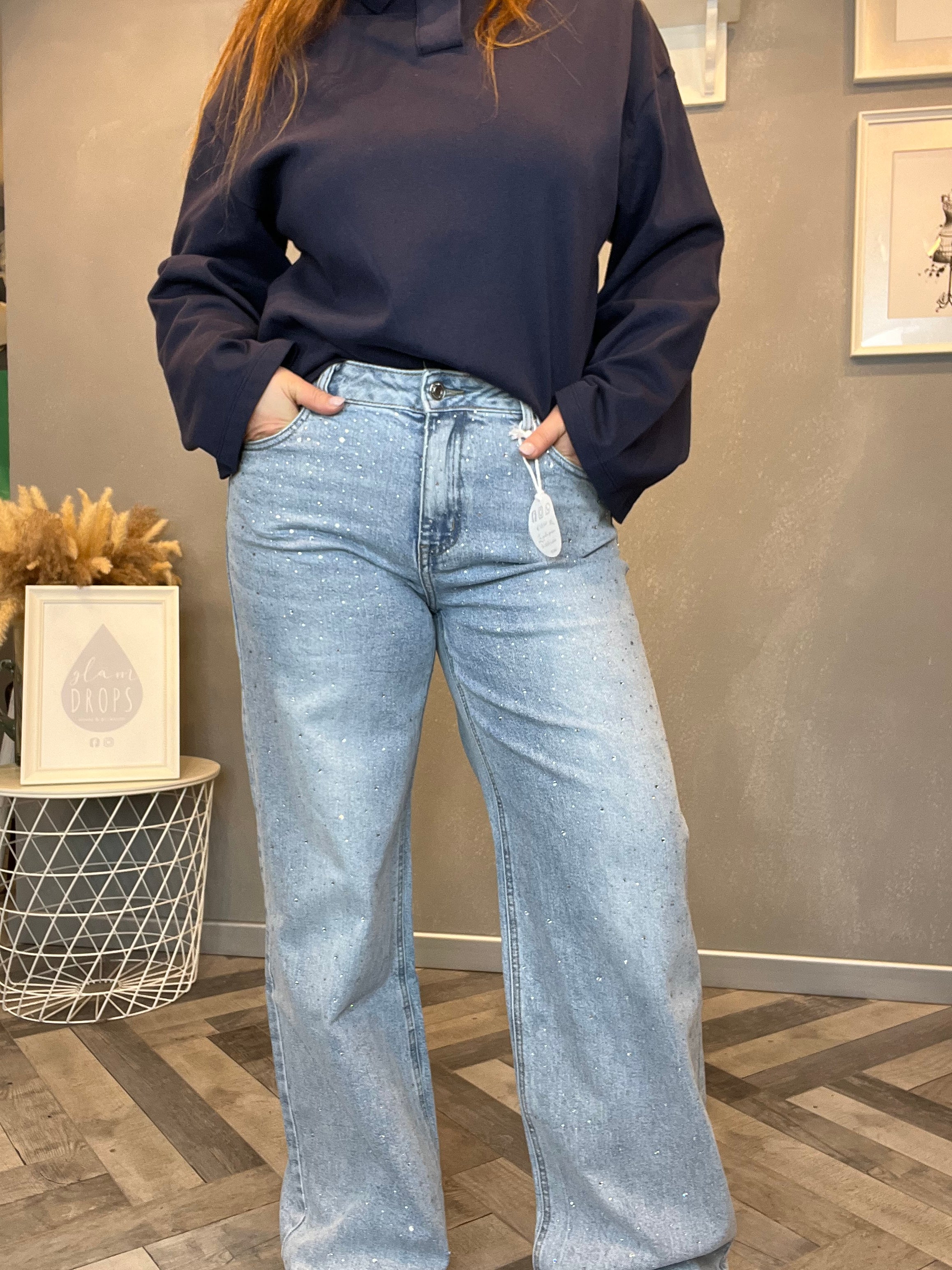Jeans wide leg con strass