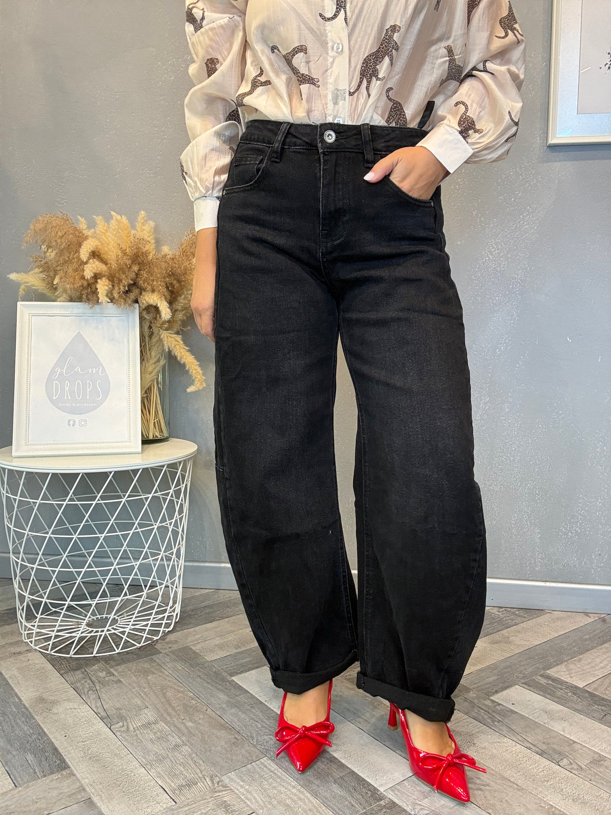 Jeans barrel nero delavé