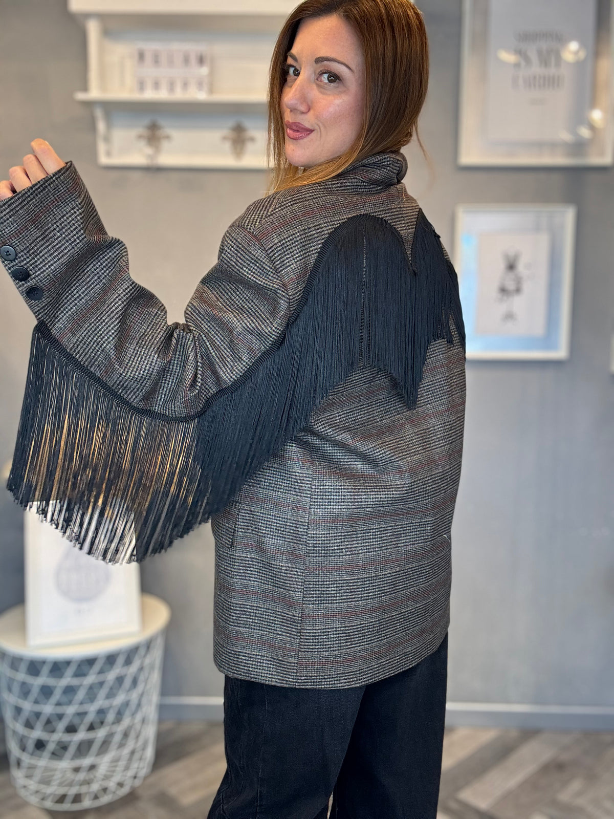 Lumina blazer check Dakota frange nere