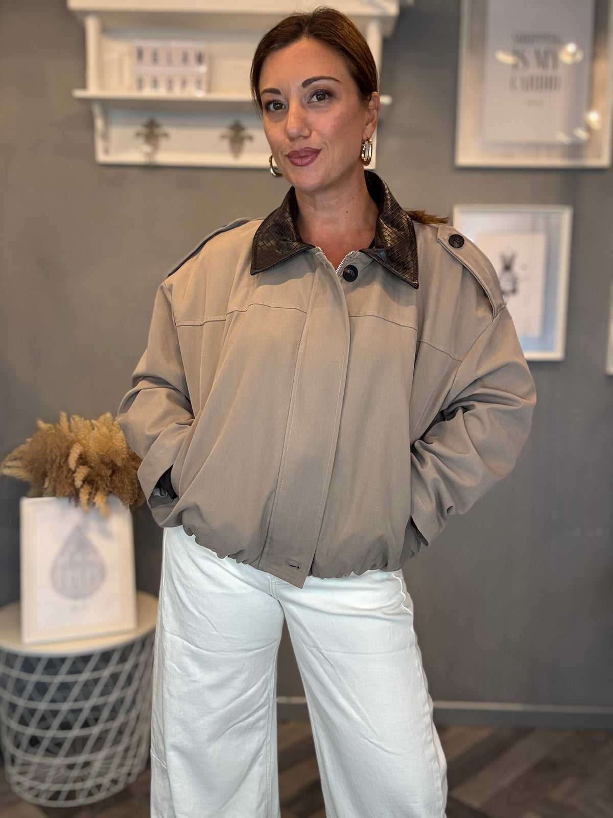 Bomber collo intrecciato beige